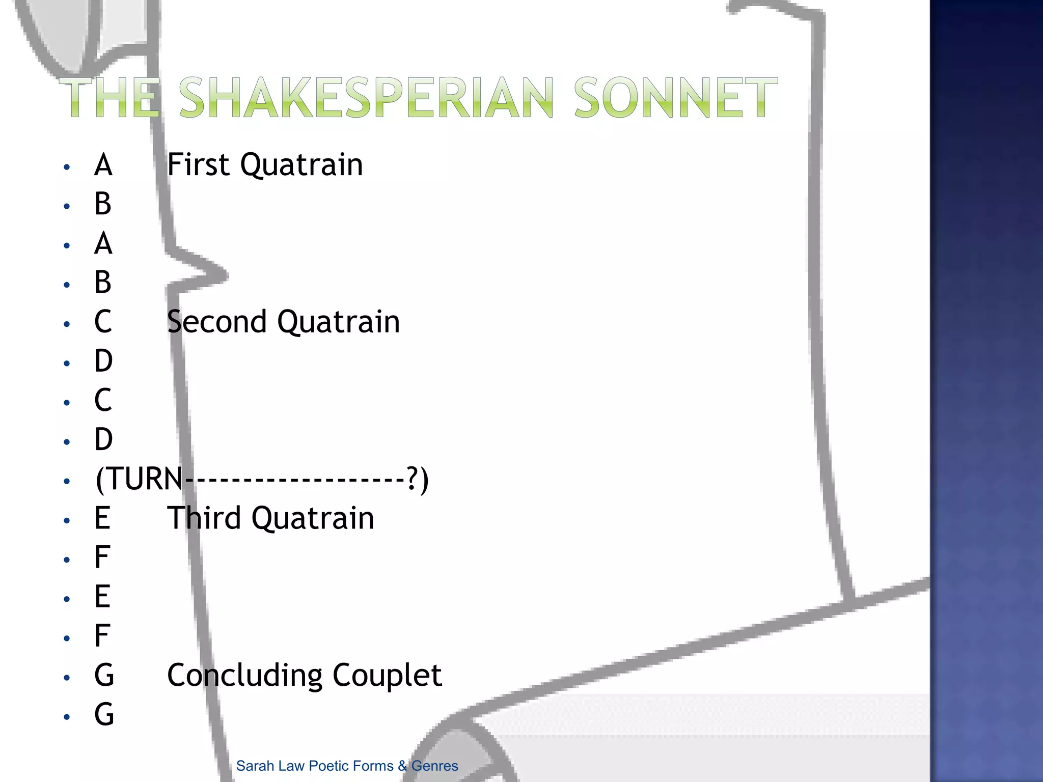The Italian or Petrarchan SonnetOctave 	A		First Quatrain		B		B		A		ASecond Quatrain		B		B		ATURN (‘Volta’)----------------------------------------Sestet	C	C	C	Variations for sestet			D	DD			E	C	E			C	D	C			D	C	E			E	D	DSarah Law Poetic Forms & Genres