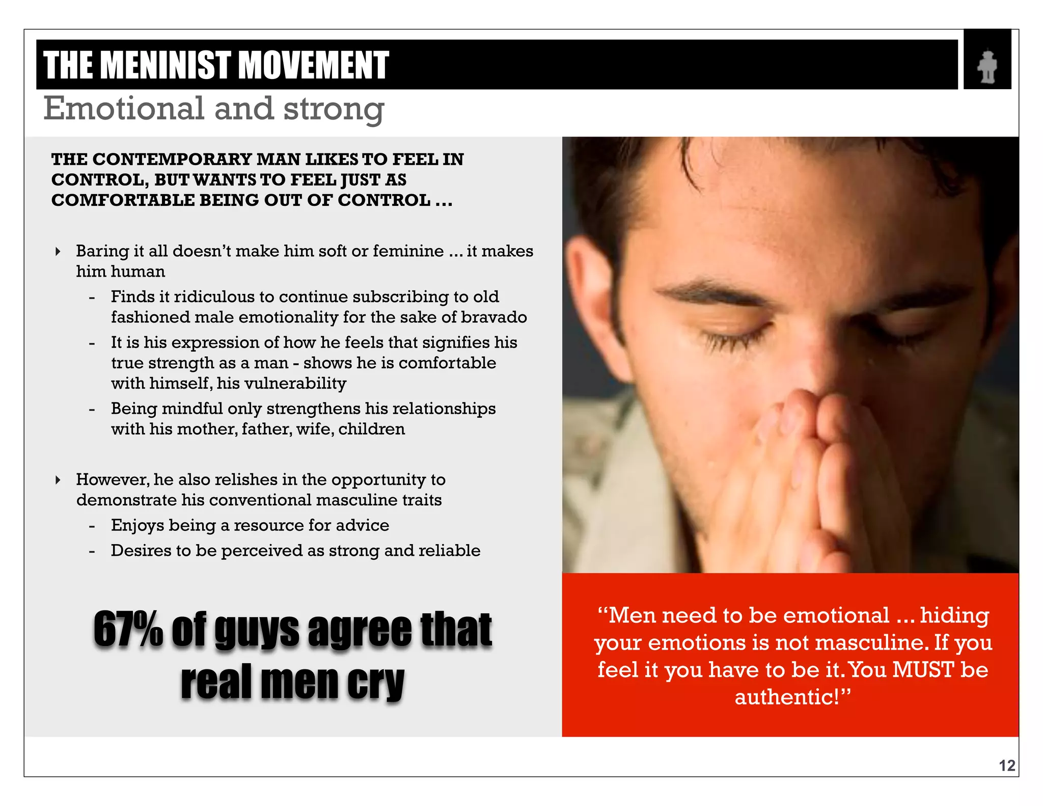 Text
67%ofguysagreethat
realmencry
THE CONTEMPORARY MAN LIKES TO
FEEL IN CONTROL, BUT WANTS TO
FEEL JUST AS COMFORTABLE BEING
OUT OF CONTROL ...
‣ Baring it all doesn’t make him soft or feminine ... it
makes him human
- Finds it ridiculous to continue subscribing to
old fashioned male emotionality for the sake
of bravado
- It is his expression of how he feels that
signifies his true strength as a man - shows he
is comfortable with himself, his vulnerability
- Being mindful only strengthens his
relationships with his mother, father, wife,
children
‣ However, he also relishes in the opportunity to
demonstrate his conventional masculine traits
- Enjoys being a resource for advice
- Desires to be perceived as strong and
reliable
“Men need to be emotional ... hiding your
emotions is not masculine. If you feel it
you have to be it. You MUST be
authentic!”
THE MENINIST MOVEMENT - EMOTIONAL AND STRONG
12
 