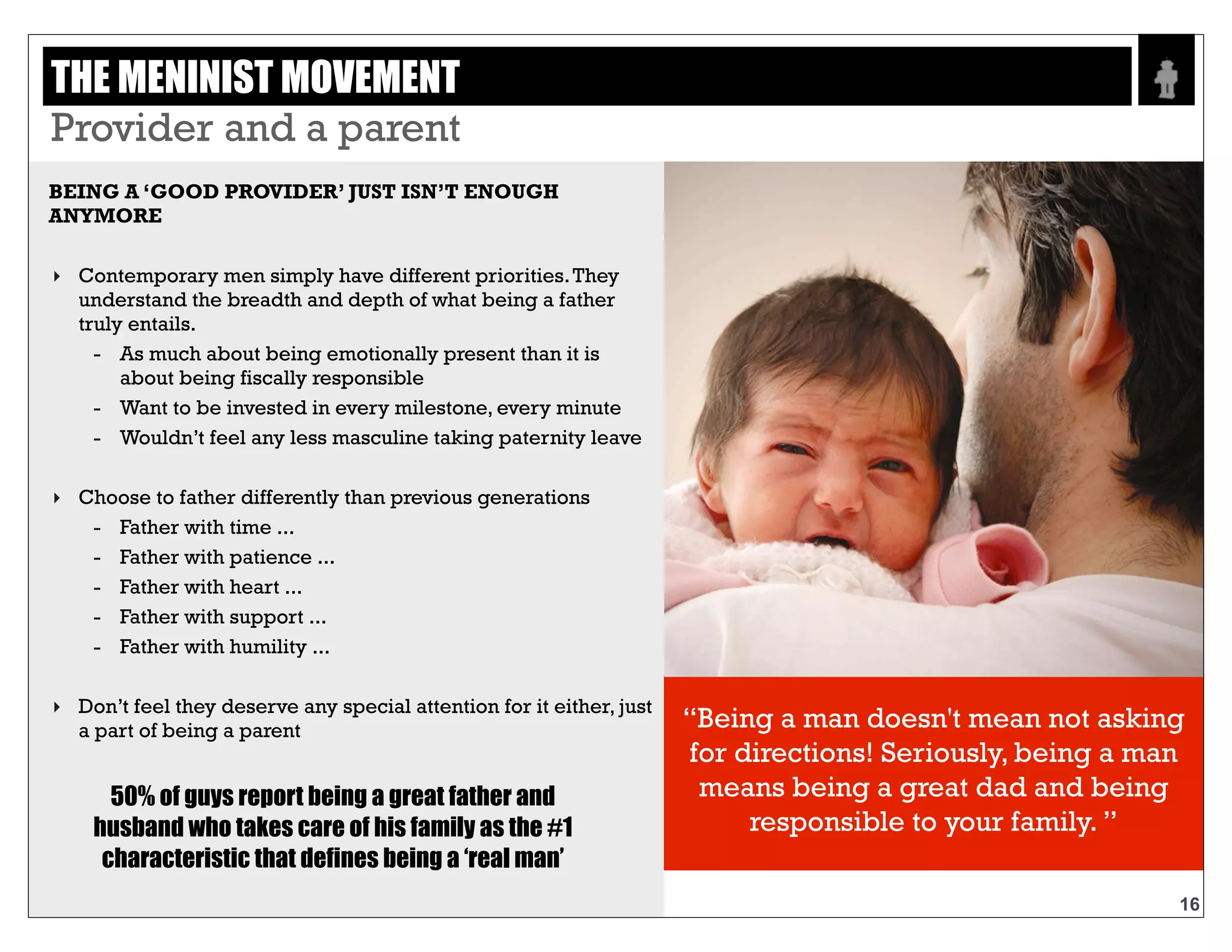 Text
16
BEING A ‘GOOD PROVIDER’ JUST
ISN’T ENOUGH ANYMORE
‣ Contemporary men simply have different
priorities. They understand the breadth and
depth of what being a father truly entails.
- As much about being emotionally present
than it is about being fiscally responsible
- Want to be invested in every milestone, every
minute
- Wouldn’t feel any less masculine taking
paternity leave
‣ Choose to father differently than previous
generations
- Father with time ...
- Father with patience ...
- Father with heart ...
- Father with support ...
- Father with humility ...
‣ Don’t feel they deserve any special attention for
it either, just a part of being a parent
50% OF GUYS REPORT BEING A GREAT
FATHER AND HUSBAND WHO TAKES CARE OF
HIS FAMILY AS THE #1 CHARACTERISTIC THAT
DEFINES BEING A ‘REAL MAN’
“Being a man doesn't mean not asking for
directions! Seriously, being a man means
being a great dad and being responsible
to your family. ”
THE MENINIST MOVEMEN - PROVIDER AND A PARENT
 