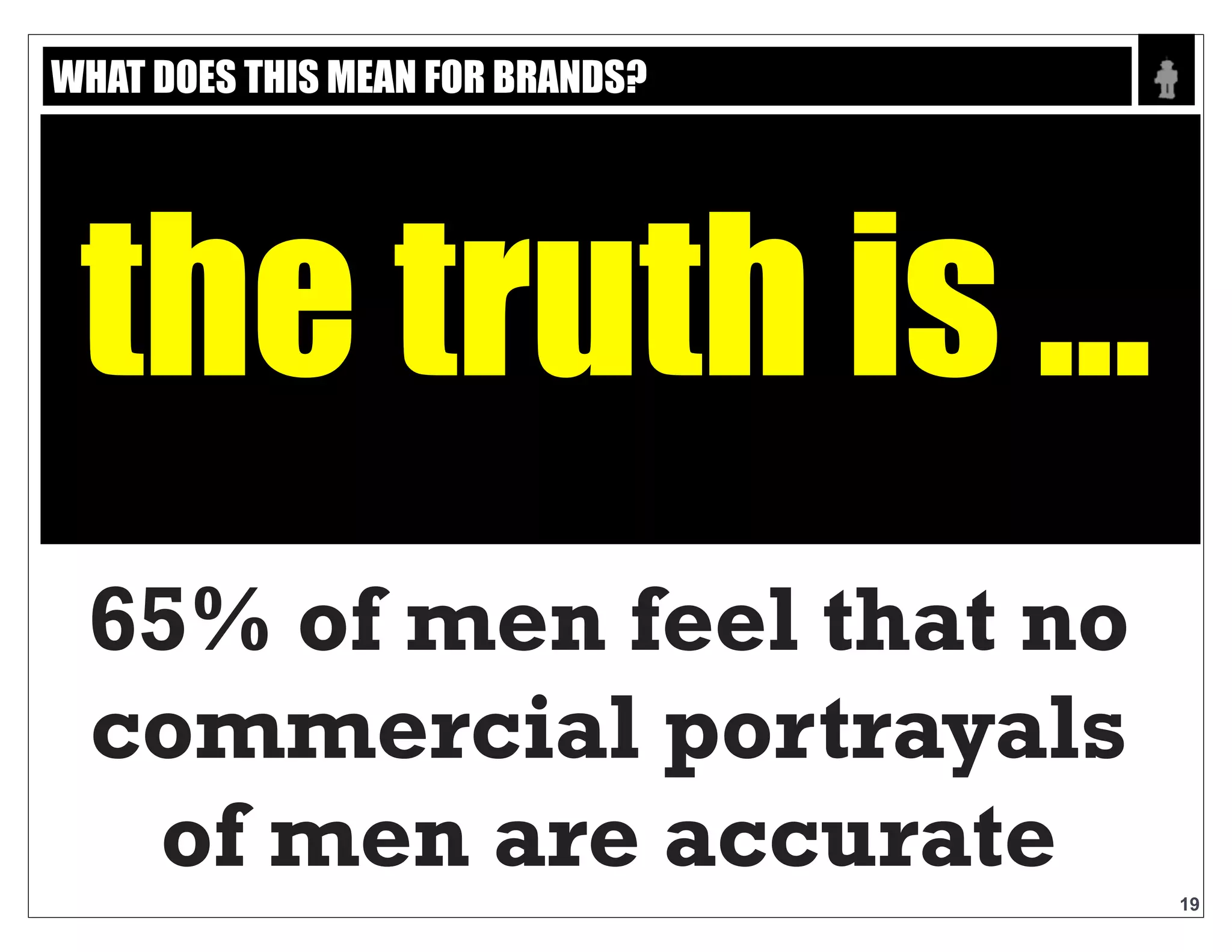 Text
19
65% OF MEN FEEL THAT NO
COMMERCIAL PORTRAYALS
OF MEN ARE ACCURATE
the truth is ...
WHAT DOES THIS MEAN FOR BRANDS?
 
