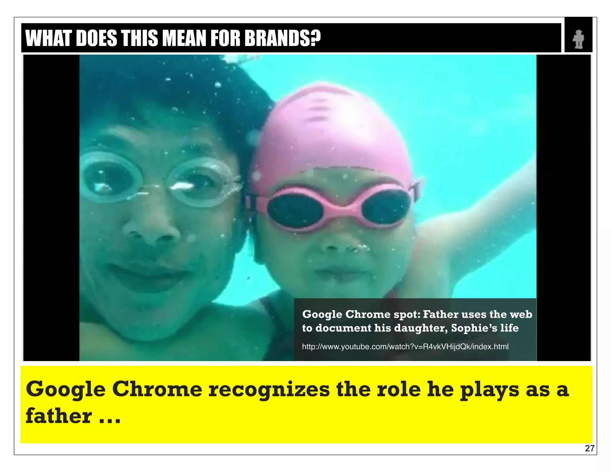 Text
27
WHAT DOES THIS MEAN FOR BRANDS?
GOOGLE CHROME RECOGNIZES THE ROLE HE PLAYS
AS A FATHER..
Google Chrome spot: Father uses the
web to document his daughter,
Sophie’s lie
https://www.youtube.com/watch?v=R4vkVHijdQk
 