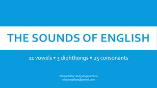 THE SOUNDS OF ENGLISH
11 vowels • 3 diphthongs • 25 consonants
Prepared by: RubyAngela Pena
ruby.angela01@gmail.com
 