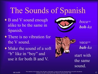 The Sounds of Spanish <ul><li>B and V sound enough alike to be the same in Spanish. </li></ul><ul><li>There is no vibratio...