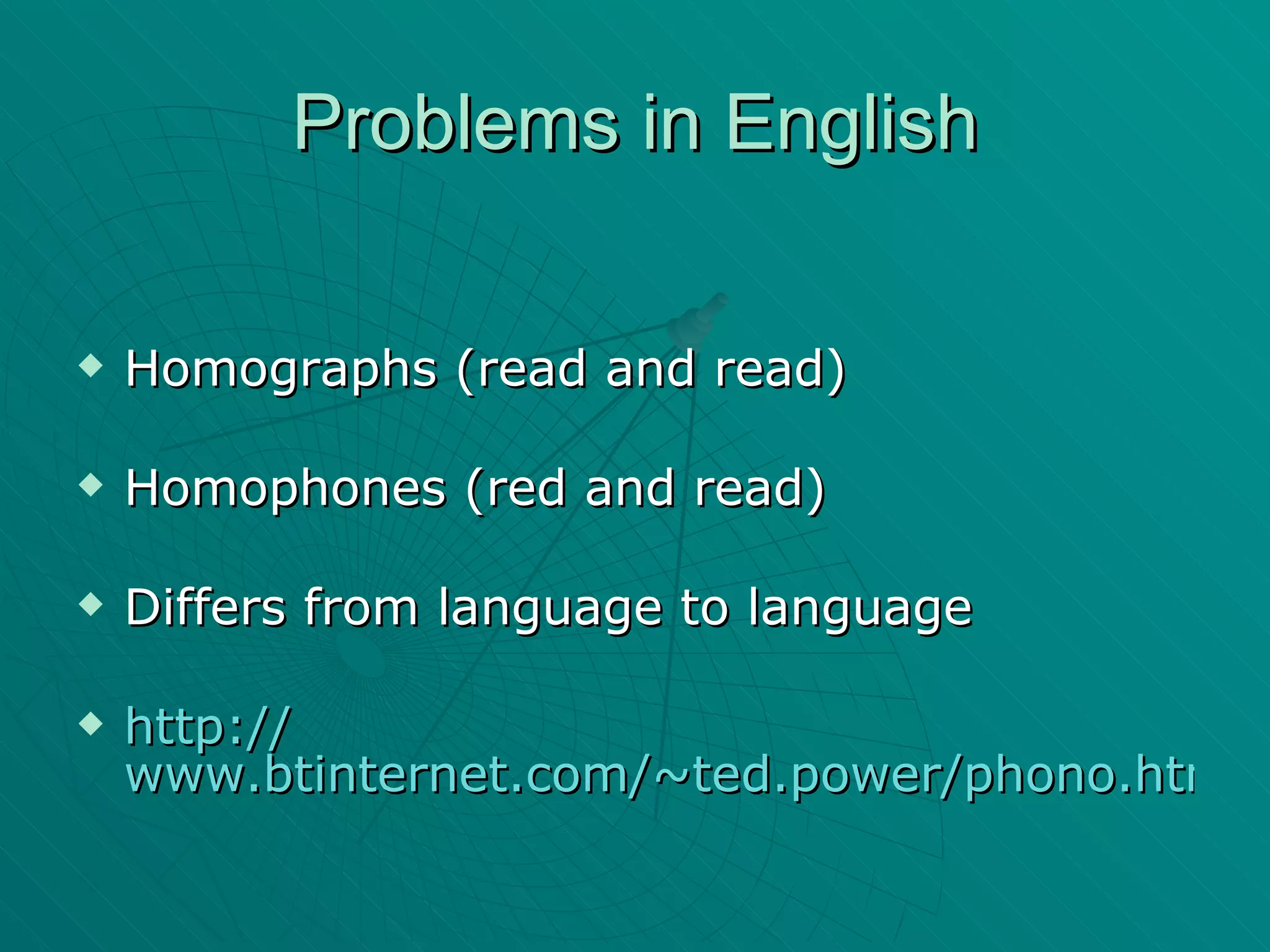 Problems in English Homographs (read and read) Homophones (red and read) Differs from language to language http:// www.btinternet.com/~ted.power/phono.html 