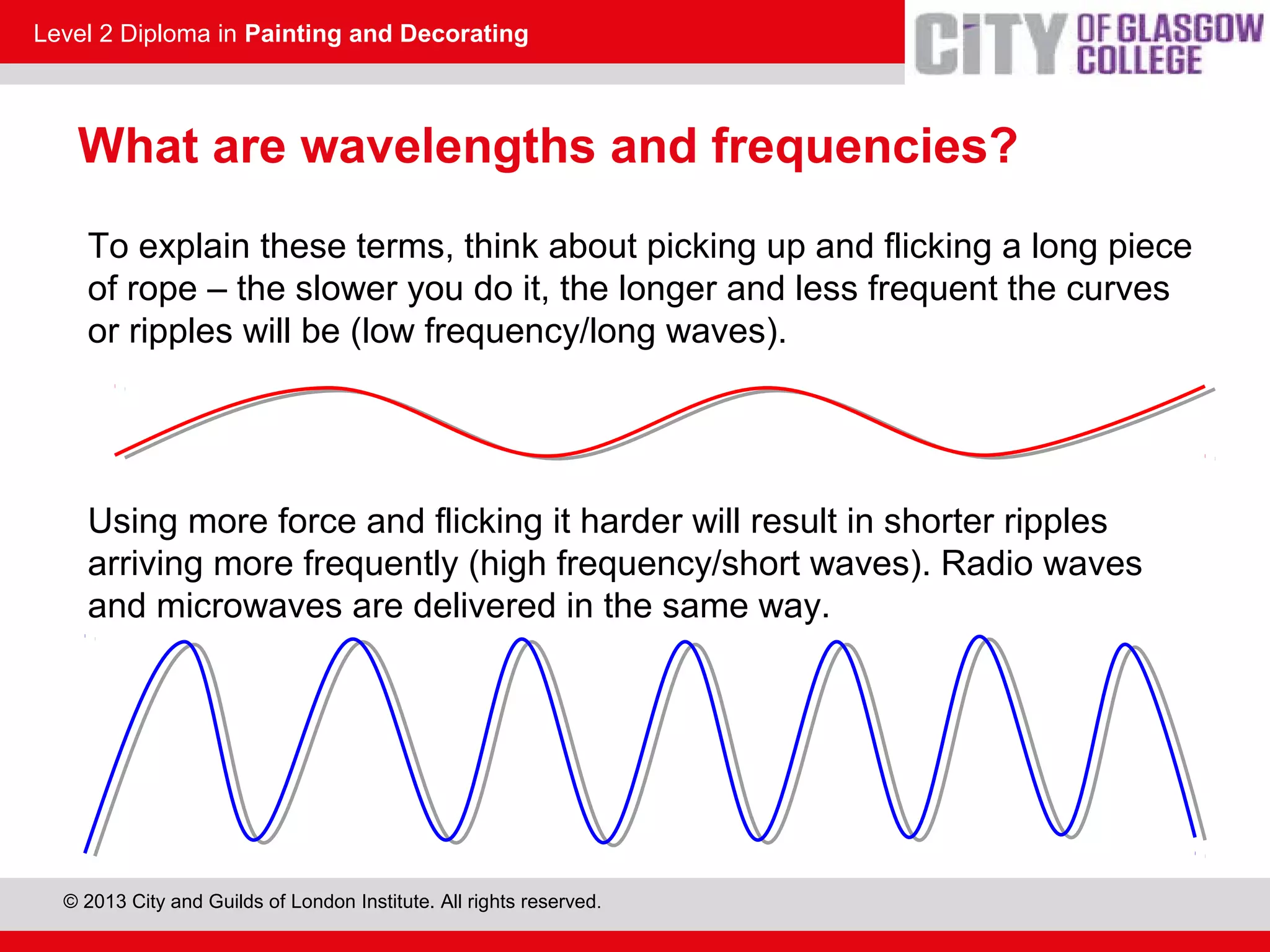 Level 2 Diploma in Painting and Decorating
© 2013 City and Guilds of London Institute. All rights reserved.
What are wavelengths and frequencies?
To explain these terms, think about picking up and flicking a long piece
of rope – the slower you do it, the longer and less frequent the curves
or ripples will be (low frequency/long waves).
Using more force and flicking it harder will result in shorter ripples
arriving more frequently (high frequency/short waves). Radio waves
and microwaves are delivered in the same way.
 