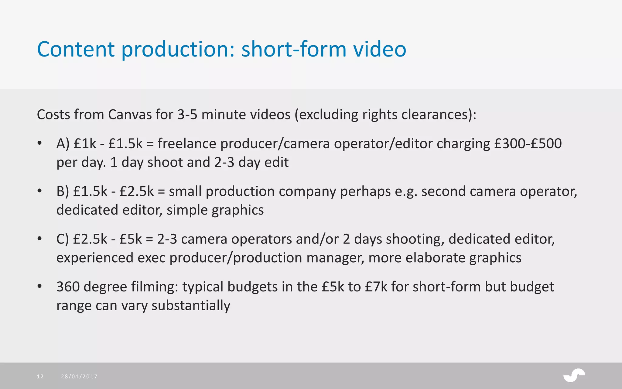 Costs from Canvas for 3-5 minute videos (excluding rights clearances):
• A) £1k - £1.5k = freelance producer/camera operator/editor charging £300-£500
per day. 1 day shoot and 2-3 day edit
• B) £1.5k - £2.5k = small production company perhaps e.g. second camera operator,
dedicated editor, simple graphics
• C) £2.5k - £5k = 2-3 camera operators and/or 2 days shooting, dedicated editor,
experienced exec producer/production manager, more elaborate graphics
• 360 degree filming: typical budgets in the £5k to £7k for short-form but budget
range can vary substantially
Content production: short-form video
28/01/201717
 