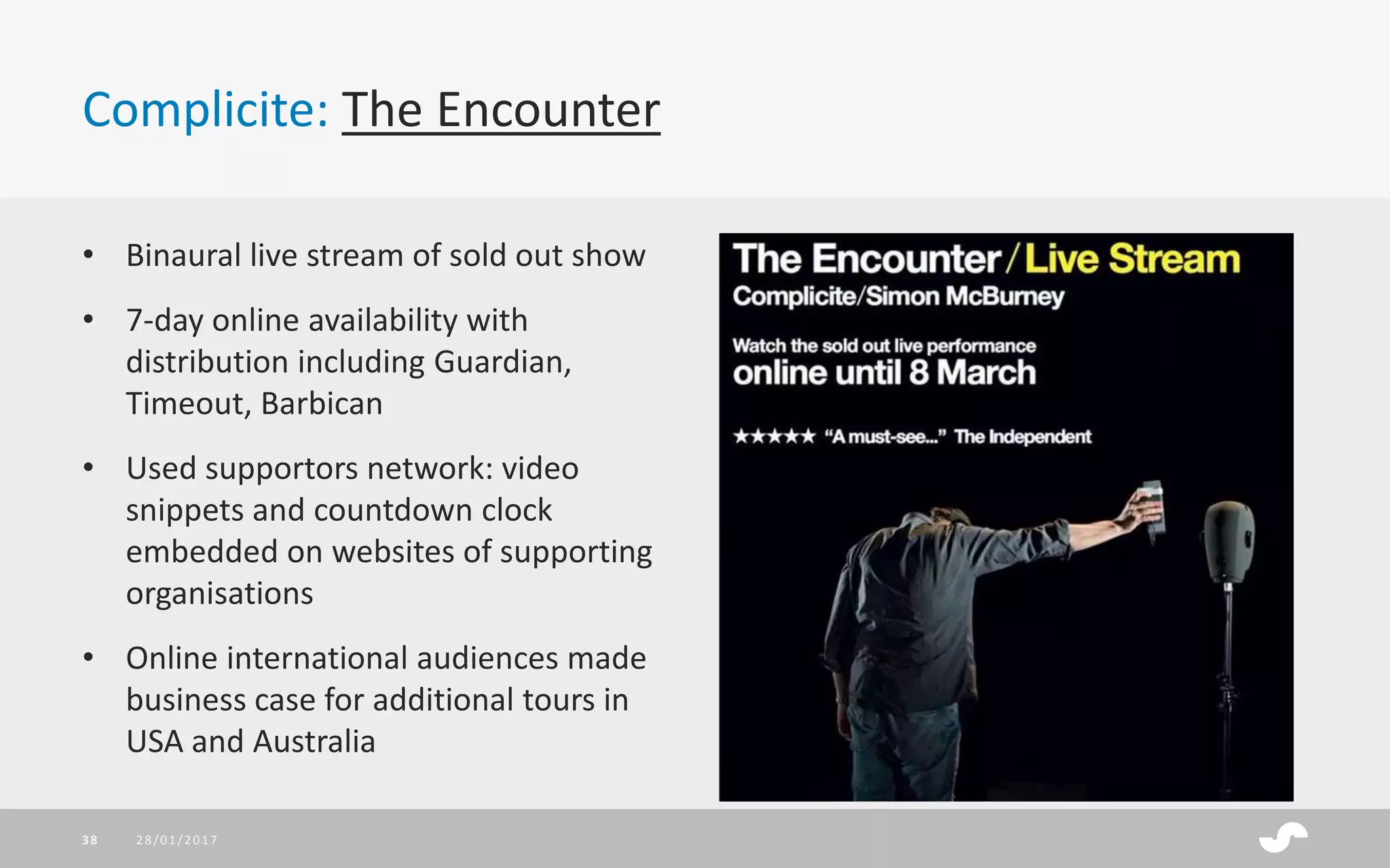 Complicite: The Encounter
• Binaural live stream of sold out show
• 7-day online availability with
distribution including Guardian,
Timeout, Barbican
• Used supportors network: video
snippets and countdown clock
embedded on websites of supporting
organisations
• Online international audiences made
business case for additional tours in
USA and Australia
28/01/201738
 