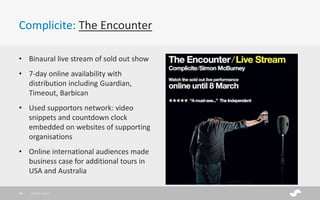Complicite: The Encounter
• Binaural live stream of sold out show
• 7-day online availability with
distribution including Guardian,
Timeout, Barbican
• Used supportors network: video
snippets and countdown clock
embedded on websites of supporting
organisations
• Online international audiences made
business case for additional tours in
USA and Australia
28/01/201738
 