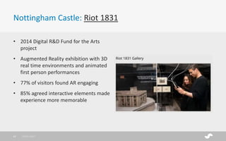 Nottingham Castle: Riot 1831
28/01/201742
• 2014 Digital R&D Fund for the Arts
project
• Augmented Reality exhibition with 3D
real time environments and animated
first person performances
• 77% of visitors found AR engaging
• 85% agreed interactive elements made
experience more memorable
 