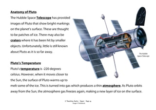 © Teaching Packs - Space - Page 50
Absolute zero
The lowest temperature possible.
Alien
A being from another planet.
Asteroid
A small rocky body that orbits the Sun.
Asteroid belt
A disc in the Solar System (between Mars and
Jupiter) that is occupied by asteroids and minor
planets.
Astronaut
A person who travels into space.
Astronomer
A person who studies the stars, planets and other
objects in space.
Atmosphere
The layer of gases around a planet, moon or star.
Atom
The smallest particle of an element.
Axis
An imaginary line through the centre of a planet or
star.
Big bang
An explosive event that is believed to have created
the universe.
Billion
One thousand million (1,000,000,000).
Black Hole
A collapsed star whose gravity is so strong that
nothing can escape it.
Canyon
A deep gorge.
Carbon
One of the most common elements in the universe.
Celestial object
Objects seen in the sky, including planets, stars and
galaxies.
Cluster
A group of something.
Comet
A small object (made from ice and rock dust) that
melts and develops and head and two tails when it
travels too near to the Sun.
Constellation
A pattern of stars and the sky around then.
Contracting
Getting smaller, shrinking.
Core
The centre of something.
Cosmologist
A person who studies the evolution and future of the
universe.
Crater
A hollow on the surface of a planet or moon.
Crust
The rocky surface of a planet or moon.
Degree
A unit of measuring angles.
Density
How compact something is.
Diameter
The distance from one side of a circular object to the
other, passing through the centre.
Double planet
A pair of stars or planets that orbit around each
other.
Dune
A mound or ridge or sand.
Dust
Tiny particles of earth and other matter.
Dwarf planet
An object that orbits the Sun but hasn’t cleared other
objects in the area of its orbit.
Earth
The planet on which we live.
Earthquake
A sudden shaking of the ground.
 