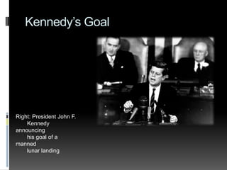 Kennedy’s GoalRight: President John F.	Kennedy announcing	his goal of a manned	lunar landing