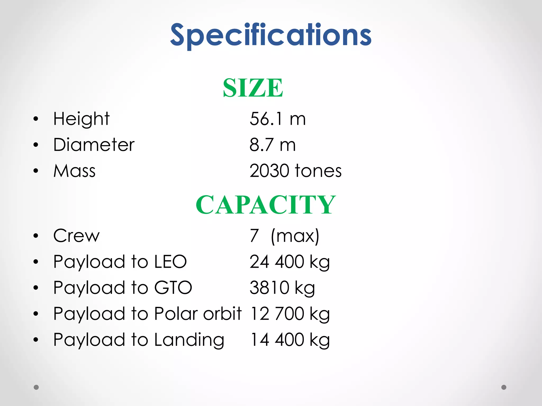 Specifications
SIZE
• Height 56.1 m
• Diameter 8.7 m
• Mass 2030 tones
CAPACITY
• Crew 7 (max)
• Payload to LEO 24 400 kg
• Payload to GTO 3810 kg
• Payload to Polar orbit 12 700 kg
• Payload to Landing 14 400 kg
 