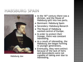 Habsburg SpainIn the 16th century there was a division, and the House of Habsburg split into two parts.Dominant: Habsburg SpainSecondary: Habsburg MonarchThe House of Habsburg wanted control of Europe.In order to protect their lineage, there was constant inbreeding.As a result of inbreeding, the Habsburg Jaw began forming in younger generations.Eventually, they were extinct because of the lack of heirs and descendants were not capable of taking over due to inbreeding. Habsburg Jaw