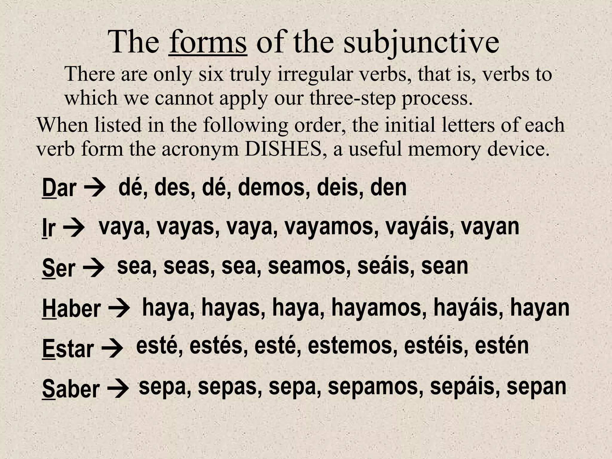 Dar 
Ir 
Ser 
Haber 
Estar 
Saber 
dé, des, dé, demos, deis, den
vaya, vayas, vaya, vayamos, vayáis, vayan
sea, seas, sea, seamos, seáis, sean
haya, hayas, haya, hayamos, hayáis, hayan
esté, estés, esté, estemos, estéis, estén
sepa, sepas, sepa, sepamos, sepáis, sepan
There are only six truly irregular verbs, that is, verbs to
which we cannot apply our three-step process.
The forms of the subjunctive
When listed in the following order, the initial letters of each
verb form the acronym DISHES, a useful memory device.
 