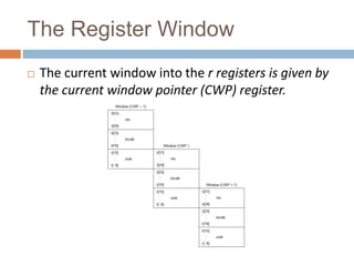 The Register Window
 The current window into the r registers is given by
the current window pointer (CWP) register.
 