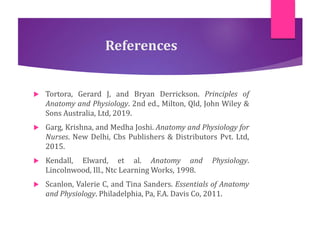 References
 Tortora, Gerard J, and Bryan Derrickson. Principles of
Anatomy and Physiology. 2nd ed., Milton, Qld, John Wiley &
Sons Australia, Ltd, 2019.
 Garg, Krishna, and Medha Joshi. Anatomy and Physiology for
Nurses. New Delhi, Cbs Publishers & Distributors Pvt. Ltd,
2015.
 Kendall, Elward, et al. Anatomy and Physiology.
Lincolnwood, Ill., Ntc Learning Works, 1998.
 Scanlon, Valerie C, and Tina Sanders. Essentials of Anatomy
and Physiology. Philadelphia, Pa, F.A. Davis Co, 2011.
 