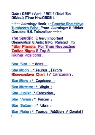 Date : 028th
/ April / 2014 ;(Total Set
01Nos.); (Time Hrs.:0808 ).
~~!~~ Astrology Book : *Tumche Bhavishya
Tumheech Paha From Astrologer & Writer
Gurudas B.S. Talavalikar ~~!~~
The Specific & Very Important
Observation & Astro InFo. Related To
*Star Planets For Their Respective
Zodiac Signs @ Top & @
Higher Positions .
Star Sun : * Aries ;
Star Moon : * Taurus ; ( From
Bhagyogdaya Chart } :* Cancerian .
Star Mars : * Capricorn ;
Star Mercury : * Virgio ;
Star Jupiter : * Cancerian ;
Star Venus : * Pisces ;
Star Satturn : * Libra ;
Star Rahu : * Taurus (Addition :* Gemini )
;
 