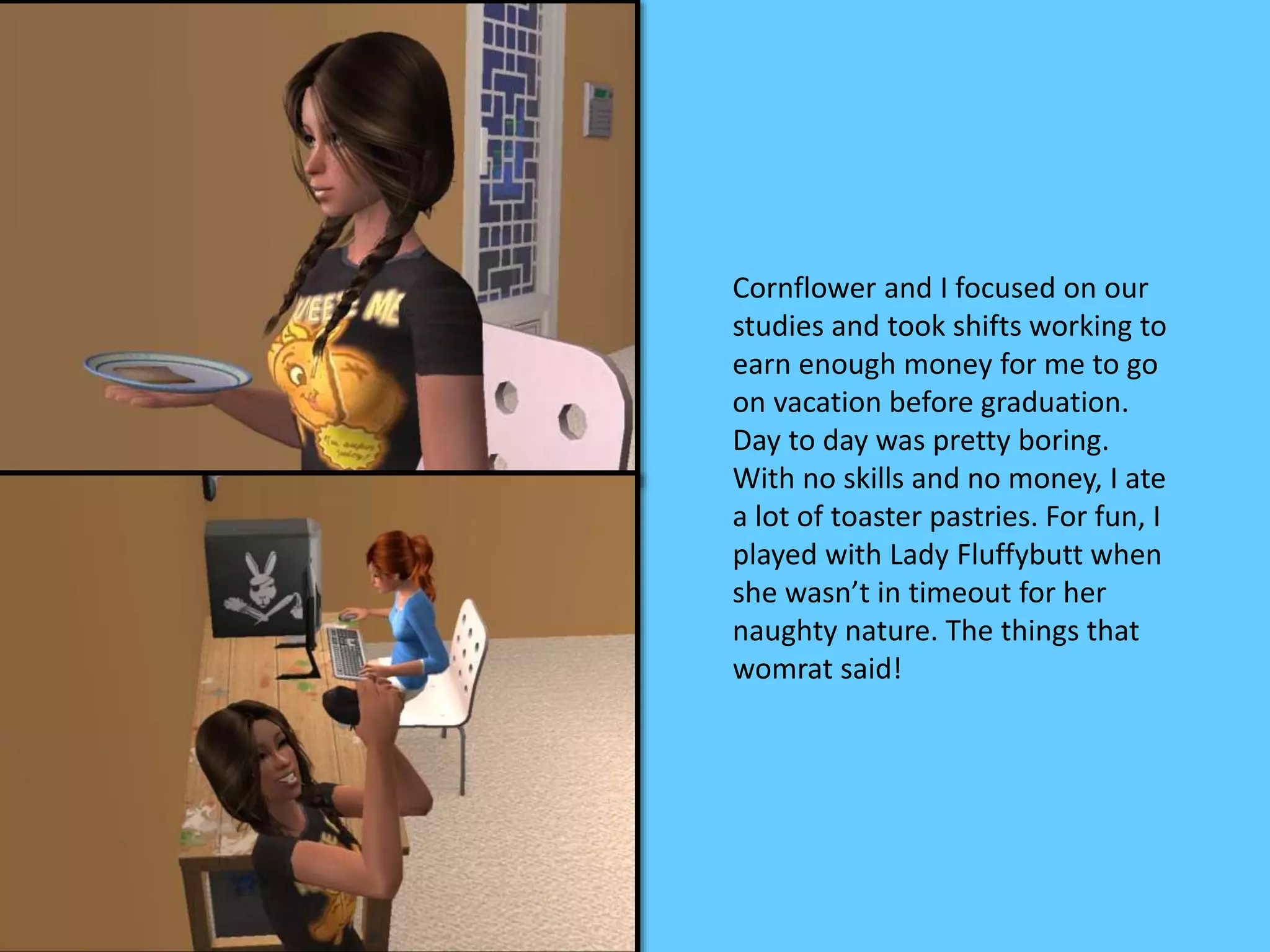 Cornflower and I focused on our
studies and took shifts working to
earn enough money for me to go
on vacation before graduation.
Day to day was pretty boring.
With no skills and no money, I ate
a lot of toaster pastries. For fun, I
played with Lady Fluffybutt when
she wasn’t in timeout for her
naughty nature. The things that
womrat said!
 