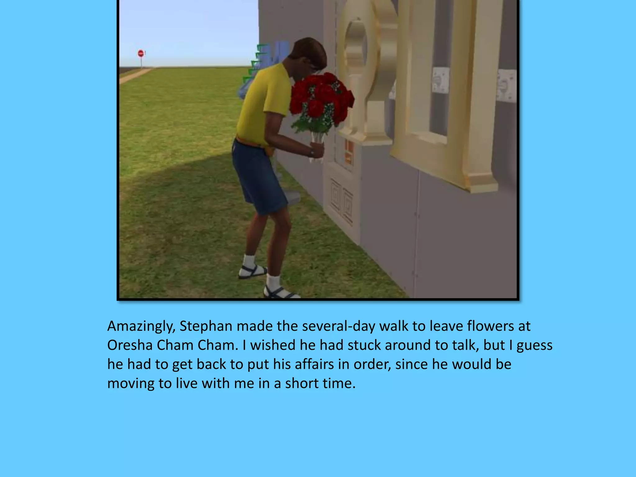 Amazingly, Stephan made the several-day walk to leave flowers at
Oresha Cham Cham. I wished he had stuck around to talk, but I guess
he had to get back to put his affairs in order, since he would be
moving to live with me in a short time.
 