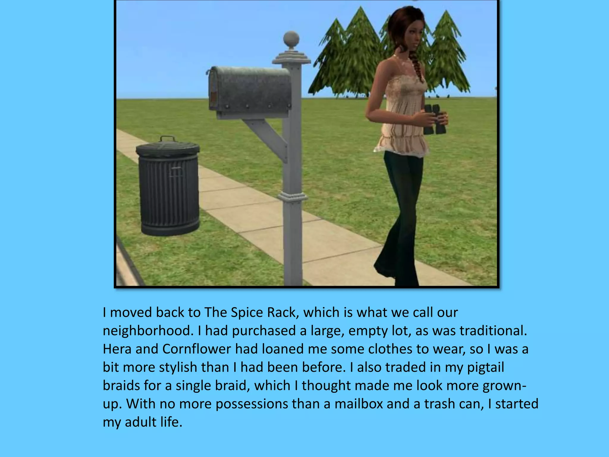 I moved back to The Spice Rack, which is what we call our
neighborhood. I had purchased a large, empty lot, as was traditional.
Hera and Cornflower had loaned me some clothes to wear, so I was a
bit more stylish than I had been before. I also traded in my pigtail
braids for a single braid, which I thought made me look more grown-
up. With no more possessions than a mailbox and a trash can, I started
my adult life.
 