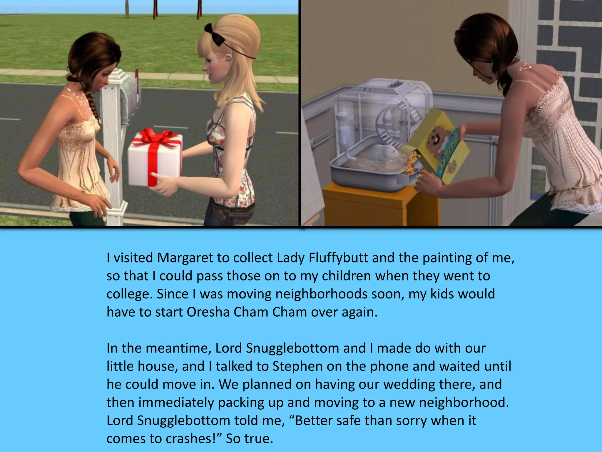 I visited Margaret to collect Lady Fluffybutt and the painting of me,
so that I could pass those on to my children when they went to
college. Since I was moving neighborhoods soon, my kids would
have to start Oresha Cham Cham over again.
In the meantime, Lord Snugglebottom and I made do with our
little house, and I talked to Stephen on the phone and waited until
he could move in. We planned on having our wedding there, and
then immediately packing up and moving to a new neighborhood.
Lord Snugglebottom told me, “Better safe than sorry when it
comes to crashes!” So true.
 