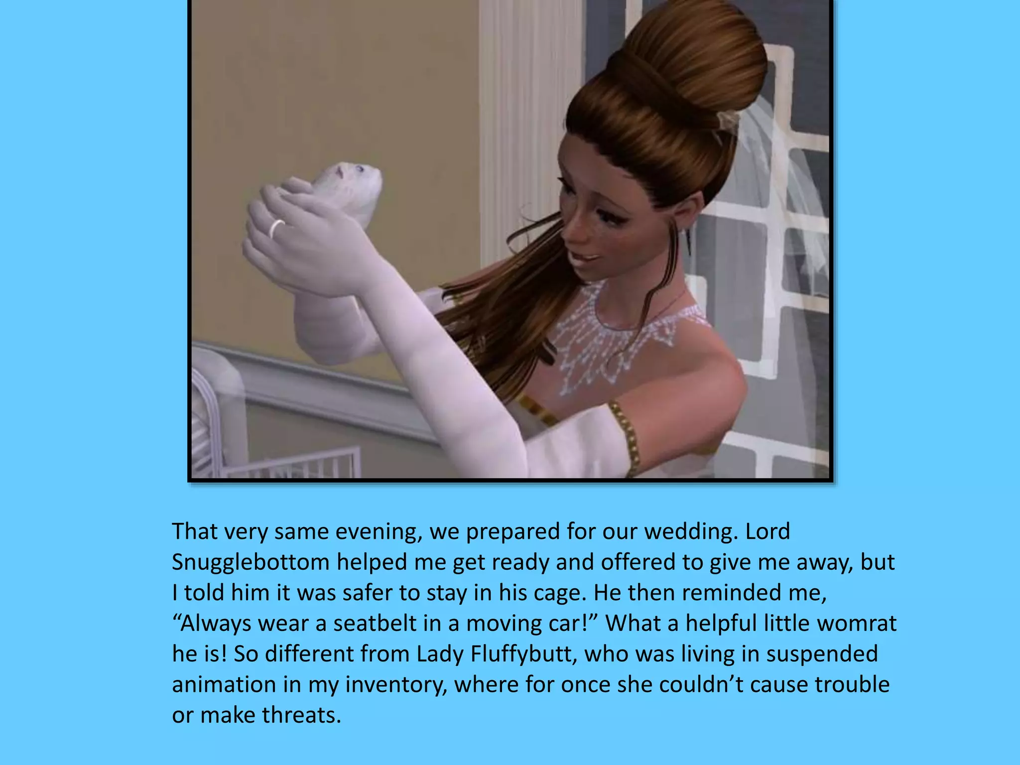 That very same evening, we prepared for our wedding. Lord
Snugglebottom helped me get ready and offered to give me away, but
I told him it was safer to stay in his cage. He then reminded me,
“Always wear a seatbelt in a moving car!” What a helpful little womrat
he is! So different from Lady Fluffybutt, who was living in suspended
animation in my inventory, where for once she couldn’t cause trouble
or make threats.
 