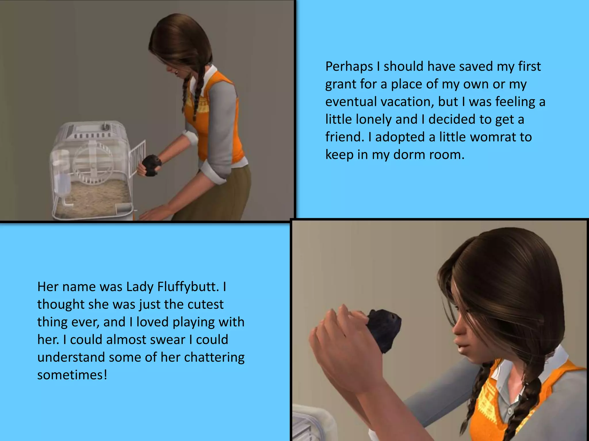 Perhaps I should have saved my first
grant for a place of my own or my
eventual vacation, but I was feeling a
little lonely and I decided to get a
friend. I adopted a little womrat to
keep in my dorm room.
Her name was Lady Fluffybutt. I
thought she was just the cutest
thing ever, and I loved playing with
her. I could almost swear I could
understand some of her chattering
sometimes!
 