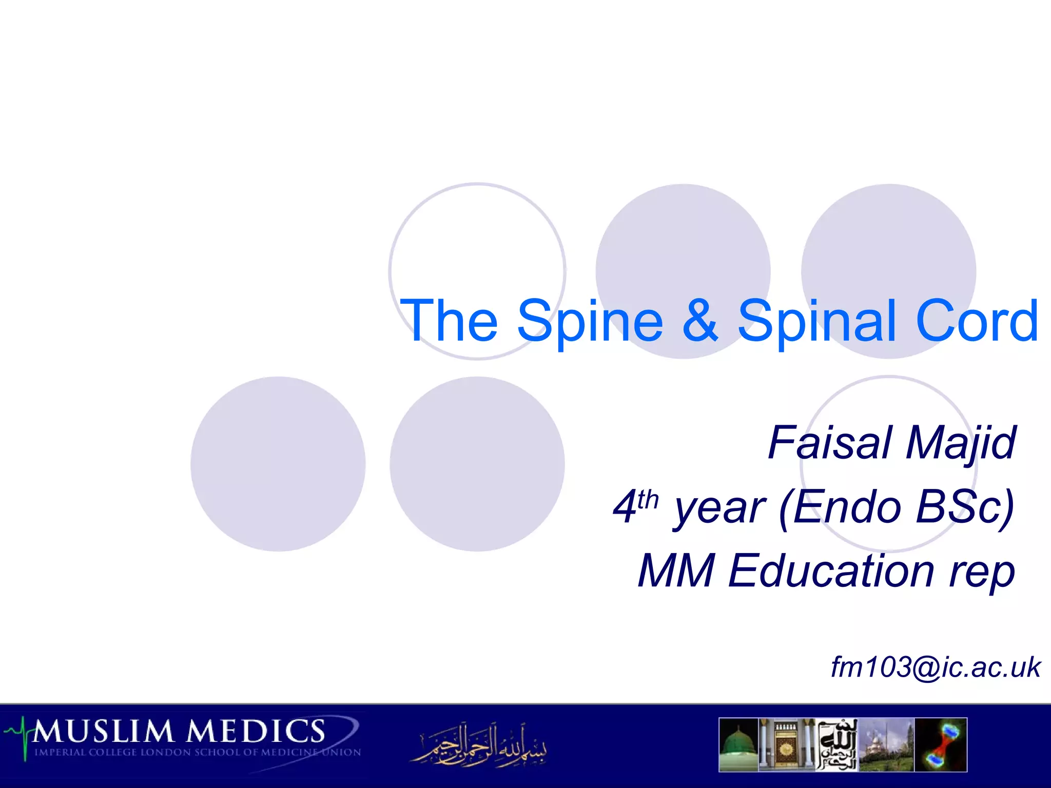 The Spine & Spinal Cord Faisal Majid 4 th  year (Endo BSc) MM Education rep [email_address] 