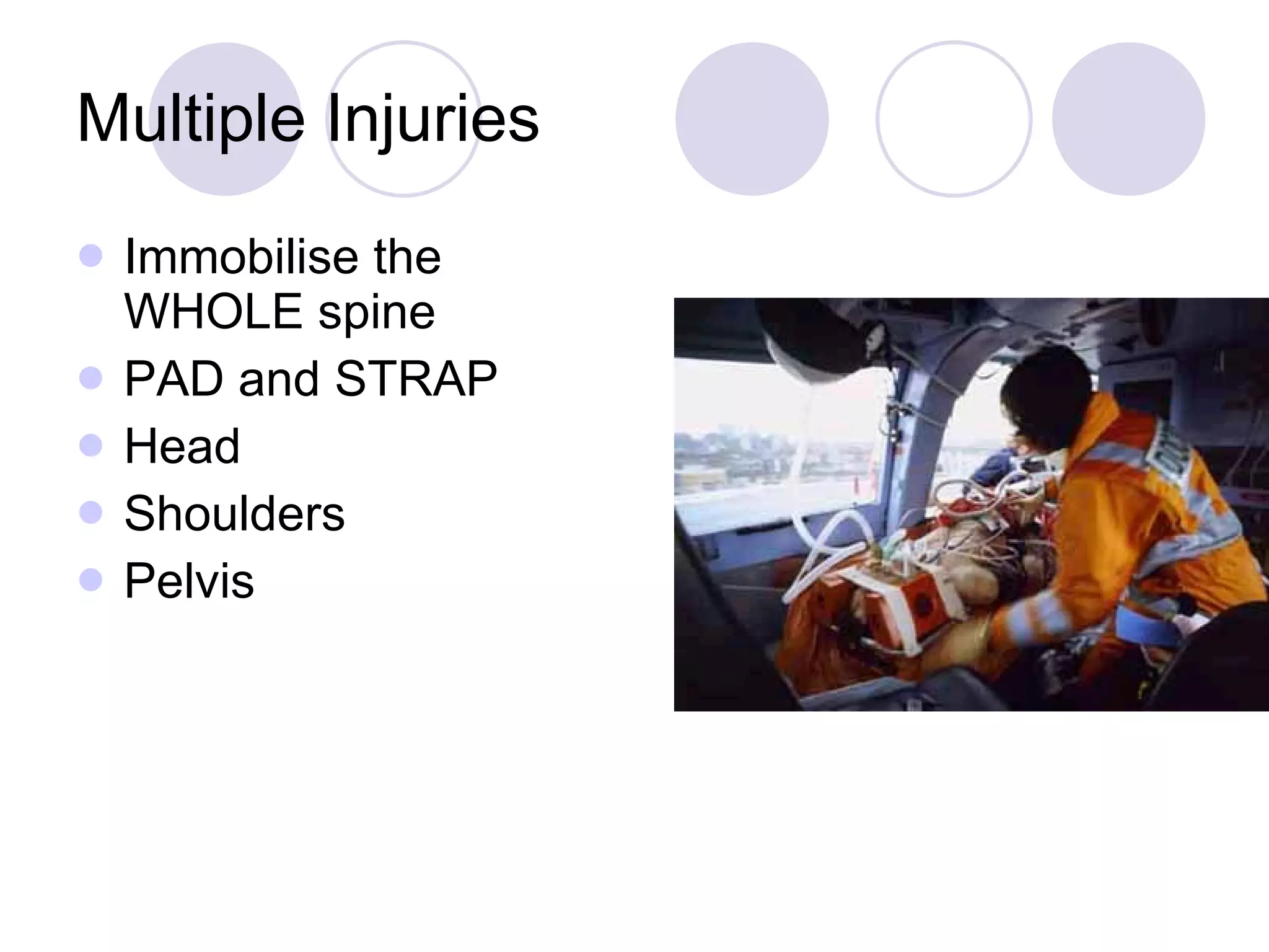 Multiple Injuries Immobilise the WHOLE spine PAD and STRAP Head Shoulders Pelvis 