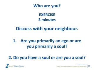 Powerful metrics that enable leaders to measure and manage cultures.
www.valuescentre.com
13
Who are you?
EXERCISE
3 minut...