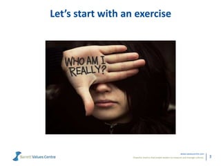 Powerful metrics that enable leaders to measure and manage cultures.
www.valuescentre.com
3
Let’s start with an exercise
 