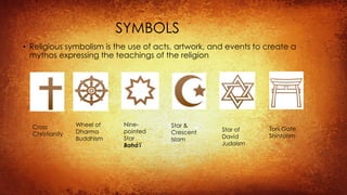 SYMBOLS
• Religious symbolism is the use of acts, artwork, and events to create a
mythos expressing the teachings of the religion
Cross
Christianity
Wheel of
Dharma
Buddhism
Nine-
pointed
Star
Bahá'í
Star &
Crescent
Islam
Star of
David
Judaism
Torii Gate
Shintoism
 