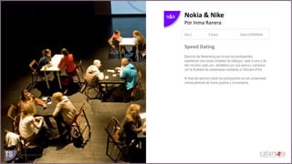 Nokia & Nike
Por Inma Ranera
Dia 1

1 hora

Aula CATARSSIS

Speed Dating
Ejercicio de Networking por el que los participantes
establecen una ronda completa de diálogos, cada a cara y de
tres minutos cada uno, señalados por una sirena o campana,
con la finalidad de presentarse mediante un Elevator-Pitch.
Al final del ejercicio todos los participantes se han presentado
individualmente de forma positiva y conveniente.

 