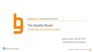 S E L B S T S I C H E R Z U M E R F O L G
borisgloger consulting GmbH
The Spotify Model
Challenges of a Transformation
Agile Austria, 25.06.2019
Christoph Schmiedinger
@cschmiedinger
 