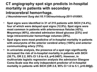 45
CT angiography spot sign predicts in-hospital
mortality in patients with secondary
intracerebral hemorrhage.
J NeuroIntervent Surg doi:10.1136/neurintsurg-2011-010061.
• Spot signs were identified in 31 of 215 patients with SICH (14.4%),
four of which were delayed spot signs (12.9%). Spot signs were
most common in patients with arteriovenous fistulas (42%),
Moyamoya (40%), elevated admission blood glucose (23%) and
large intraventricular hemorrhage volumes (29%).
• Spot signs were most predictive of in-hospital mortality in patients
with aneurysms of the anterior cerebral artery (100%) and anterior
communicating artery (75%).
• In univariate analysis, the presence of a spot sign significantly
increased the risk of in-hospital mortality in patients with SICH
(38.7%, OR 2.2, 95% CI 1.0 to 4.9, p=0.0497). However, in
multivariate logistic regression analysis the admission Glasgow
Coma Scale was the only independent predictor of in-hospital
mortality in patients with SICH (OR 2.8, 95% CI 1.6 to 5.1, p=0.0004).
 