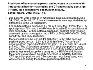 62
Prediction of haematoma growth and outcome in patients with
intracerebral haemorrhage using the CT-angiography spot sign
(PREDICT): a prospective observational study.
Lancet Neurol 2012;11:307–14.
• 268 patients were enrolled in 12 centres in six countries from June
24, 2006, to Sept 6, 2010. No adverse events were reported directly
attributable to the CT angiogram.
• For an haematoma expansion >6 mL or >33%, the PPV for the CTA
spot sign was 73%, and the NPV was 84%, with 63% sensitivity and
90% specificity. For haematoma expansion, contrast extravasation
assessed by site investigator had a PPV of 58%, NPV of 80%, 50%
sensitivity, and 85% specificity.
• Mortality at 3 months was 43.4% (23 of 53) in the CTA spot-sign
positive group versus 19.6% (31 of 158) in the CTA spot-sign
negative group (age-adjusted hazard ratio, HR 2.4, 95% CI 1.4–4.0;
p=0.002). The association between CTA spot-sign positive group
and mortality remained significant in a sensitivity analysis whether
patients lost to follow-up were assigned a mRS of 0 or 6. Kaplan-
Meier analysis revealed an early difference in mortality between
CTA spot-sign positive and CTA spot-sign negative groups, which
was sustained during the follow-up period (p=0.0006).
 