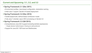 Current and Upcoming: 3.1, 3.2, and 3.2

      § Spring Framework 3.1 (Dec 2011)
         • Environment profiles, Java-based configuration, declarative caching
         • Initial Java 7 support, Servlet 3.0 based deployment
      § Spring Framework 3.2 (Dec 2012)
         • Gradle-based build, GitHub-based contribution model
         • Fully Java 7 oriented, async MVC processing on Servlet 3.0
      § Spring Framework 3.3 (Q4 2013)
         • Comprehensive Java SE 8 support (including lambda expressions)
            • Single abstract method types in Spring are well positioned
         • Support for Java EE 7 API level and WebSockets




                                                                                 11

Thursday, January 24, 13
 