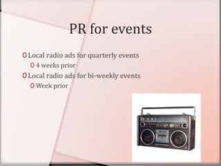 PR for events
0 Local radio ads for quarterly events
0 4 weeks prior
0 Local radio ads for bi-weekly events
0 Week prior
 