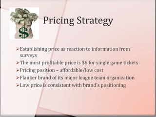 Pricing Strategy
Establishing price as reaction to information from
surveys
The most profitable price is $6 for single game tickets
Pricing position – affordable/low cost
Flanker brand of its major league team organization
Low price is consistent with brand’s positioning
 