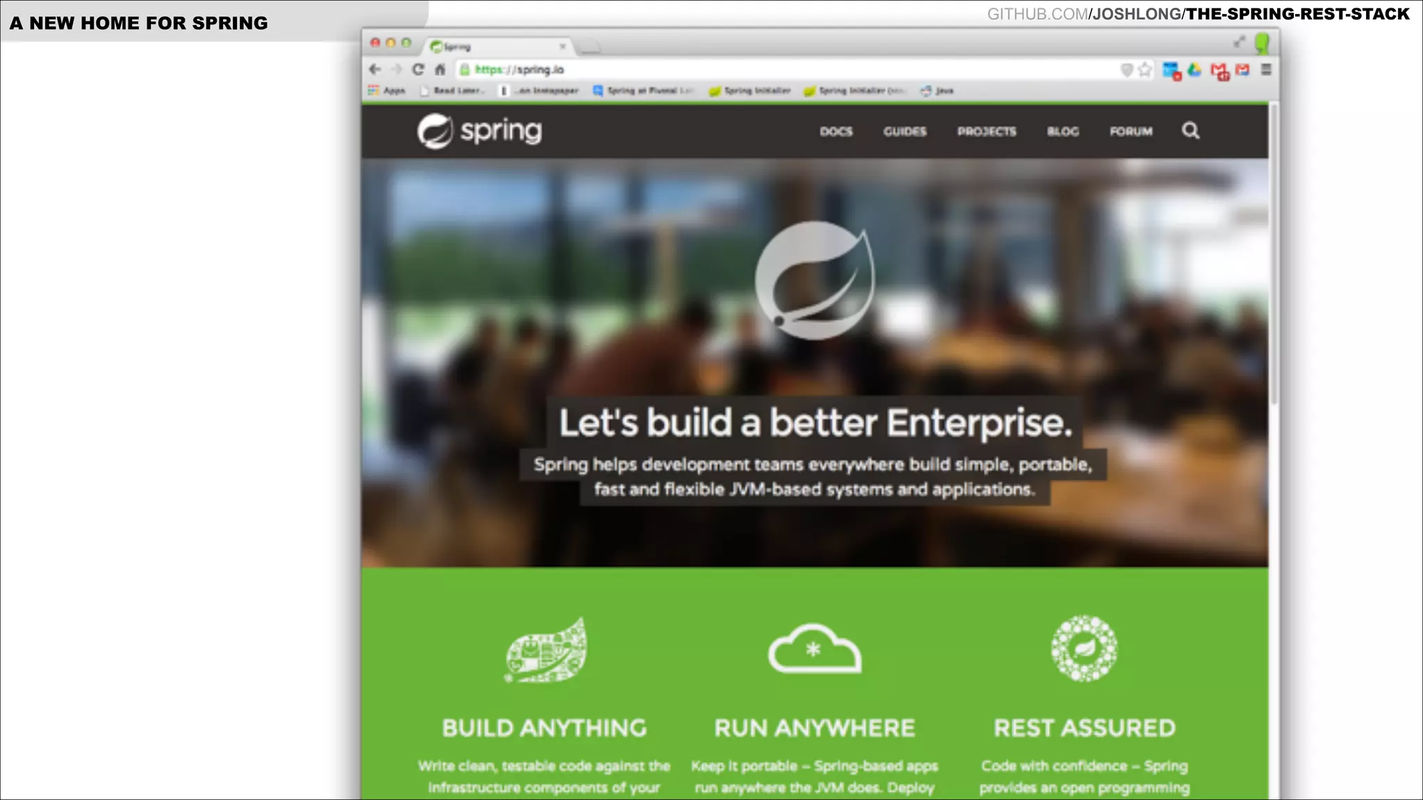 A NEW HOME FOR SPRING

GITHUB.COM/JOSHLONG/THE-SPRING-REST-STACK

 