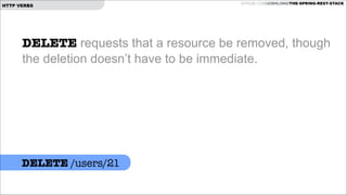 HTTP VERBS

GITHUB.COM/JOSHLONG/THE-SPRING-REST-STACK

DELETE requests that a resource be removed, though
the deletion doesn’t have to be immediate.

DELETE /users/21

 