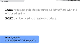 HTTP VERBS

GITHUB.COM/JOSHLONG/THE-SPRING-REST-STACK

POST requests that the resource do something with the
enclosed entity
POST can be used to create or update.  
!

POST /users
{ “ﬁrstName”: “Juergen” }

 