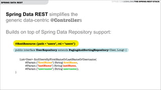 SPRING DATA REST

GITHUB.COM/JOSHLONG/THE-SPRING-REST-STACK

Spring Data REST simplifies the  
generic data-centric @Controllers

!
Builds on top of Spring Data Repository support:
@RestResource (path = "users", rel = "users")
 

public interface UserRepository extends PagingAndSortingRepository<User, Long> {

!
	

}

List<User> ﬁndUsersByFirstNameOrLastNameOrUsername( 
@Param ("ﬁrstName") String ﬁrstName,  
@Param ("lastName") String lastName,  
@Param ("username") String username);

 