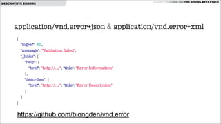DESCRIPTIVE ERRORS

GITHUB.COM/JOSHLONG/THE-SPRING-REST-STACK

application/vnd.error+json & application/vnd.error+xml
{
"logref": 42,
"message": "Validation failed",
"_links": {
"help": {
"href": "http://.../", "title": "Error Information"
},
"describes": {
"href": "http://.../", "title": "Error Description"
}
}
}

https://github.com/blongden/vnd.error

 