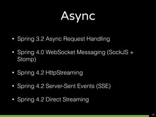 Async
• Spring 3.2 Async Request Handling
• Spring 4.0 WebSocket Messaging (SockJS +
Stomp)
• Spring 4.2 HttpStreaming
• S...