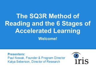 The SQ3R Method of
Reading and the 6 Stages of
   Accelerated Learning
          Welcome!
 