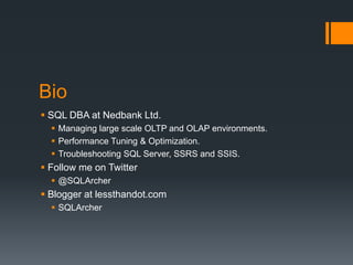 BioSQL DBA at Nedbank Ltd.Managing large scale OLTP and OLAP environments.Performance Tuning & Optimization.Troubleshooting SQL Server, SSRS and SSIS.Follow me on Twitter@SQLArcherBlogger at lessthandot.comSQLArcher