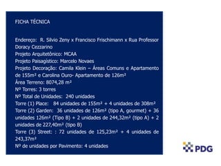FICHA TÉCNICA
Endereço: R. Silvio Zeny x Francisco Frischimann x Rua Professor
Doracy Cezzarino
Projeto Arquitetônico: MCAA
Projeto Paisagístico: Marcelo Novaes
Projeto Decoração: Camila Klein – Áreas Comuns e Apartamento
de 155m² e Carolina Ouro- Apartamento de 126m²
Área Terreno: 8074,28 m²
Nº Torres: 3 torres
Nº Total de Unidades: 240 unidades
Torre (1) Place: 84 unidades de 155m² + 4 unidades de 308m²
Torre (2) Garden: 36 unidades de 126m² (tipo A, gourmet) + 36
unidades 126m² (Tipo B) + 2 unidades de 244,32m² (tipo A) + 2
unidades de 227,40m² (tipo B)
Torre (3) Street: : 72 unidades de 125,23m² + 4 unidades de
243,37m²
Nº de unidades por Pavimento: 4 unidades
 