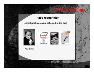 …from physiology

              face recognition
…emotional states are reflected in the face




 Paul Ekman
 