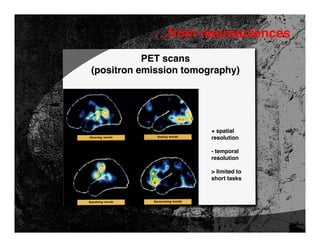 …from neurosciences
           PET scans
(positron emission tomography)




                        + spatial
                        resolution

                        - temporal
                        resolution

                        > limited to
                        short tasks
 